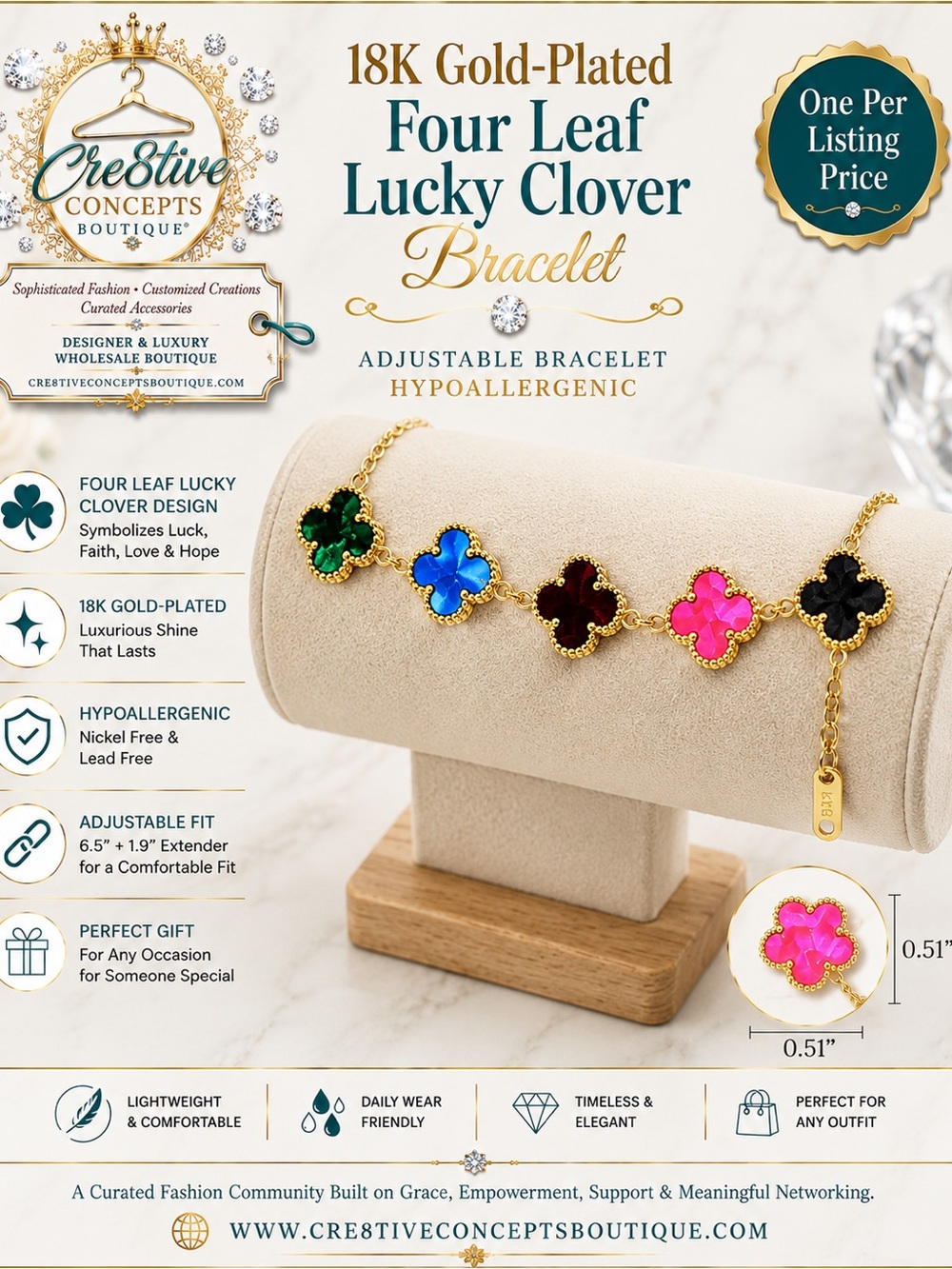 18K Gold-Plated Multicolor Lucky Clover Charm Bracelet, Adjustable Hypoallergen